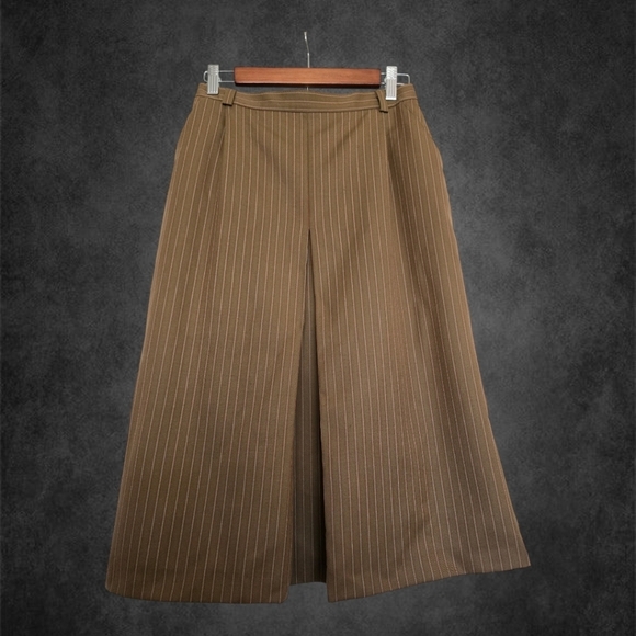 SEVENTY Venezia Vintage Tan Pin Stripe Pleated Midi Skirt 90s Academia - Picture 2 of 10